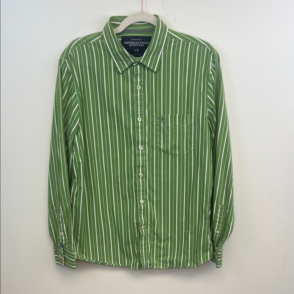 American Eagle Outfitters Men’s Green White Vertical Stripes Y2K Shirt Sz Large